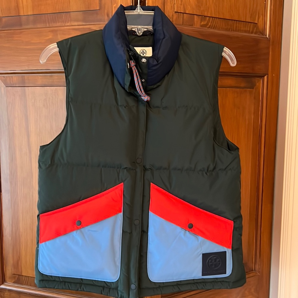 Tory Burch Green Vest with Red and Blue Accents